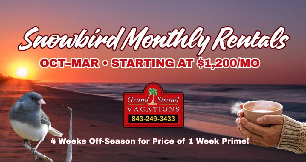 Snowbird cartoon on North Myrtle Beach pier with coffee at sunrise – monthly rentals Oct–Mar from Grand Strand Vacations.