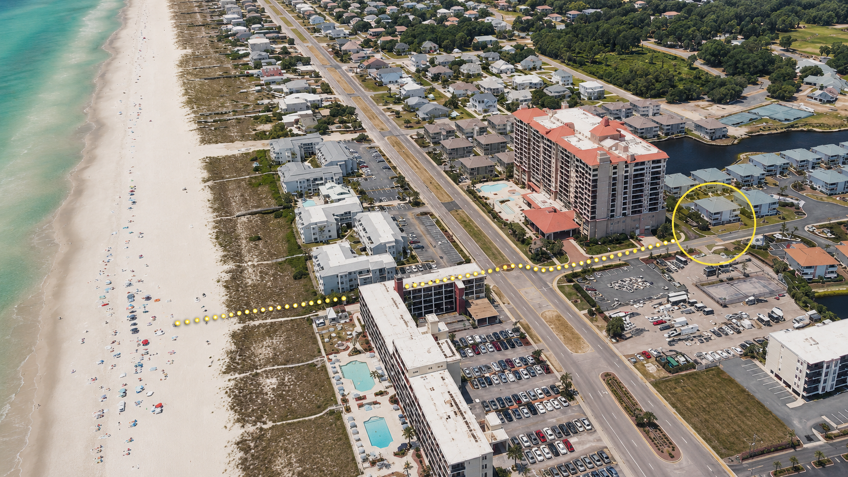 Aerial map showing a short walk from a Cherry Grove condo to the beach in North Myrtle Beach